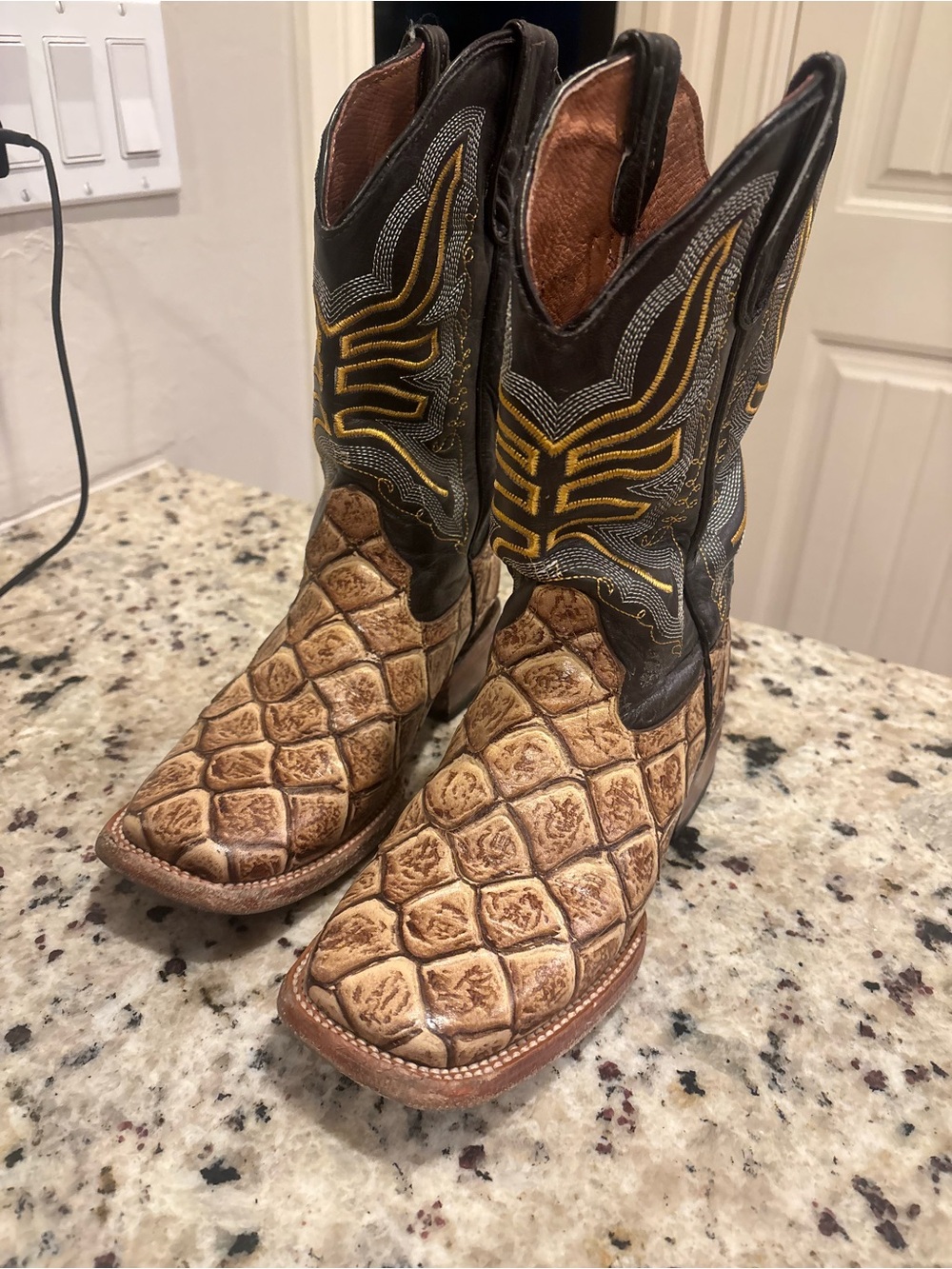 Kids Brown Tan Western Cowboy Boots with Yellow Stitching